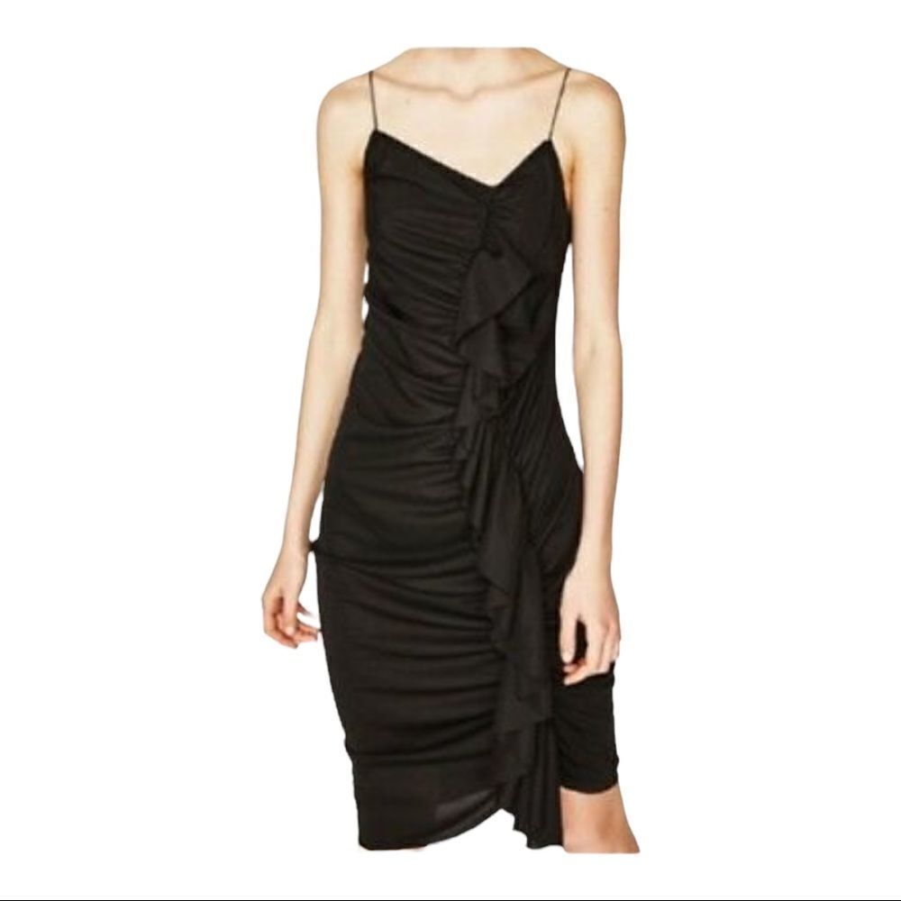 NWT ZARA Small Asymmetrical Ruffle Spaghetti Strap MIDI Dress